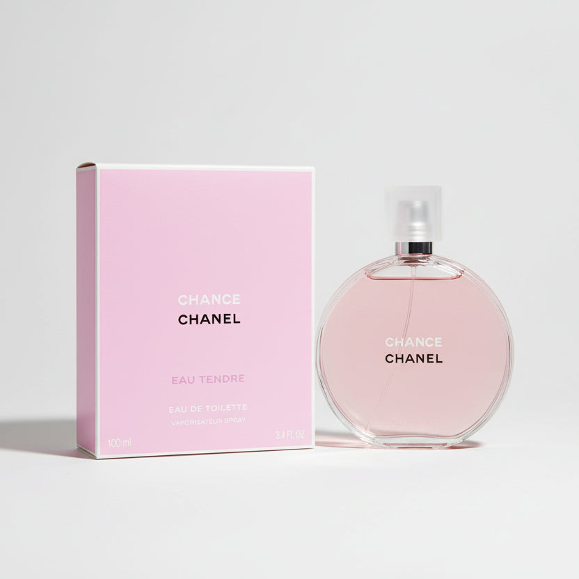 Chanel Chance Eau Tendre perfume bottle and packaging on a white background