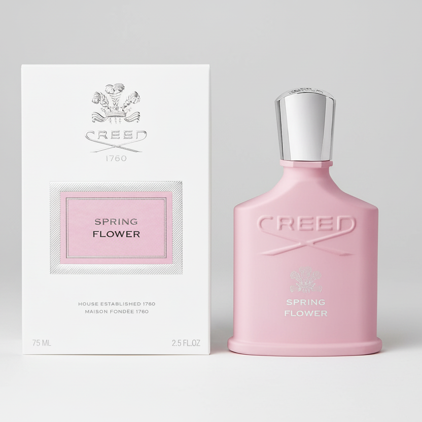 Pink Creed perfume bottle and packaging on a light gray background